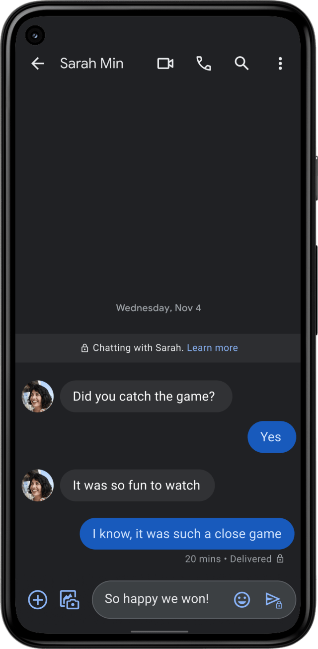 When a chat is encrypted, a small padlock icon will appear in multiple places in the chat window.