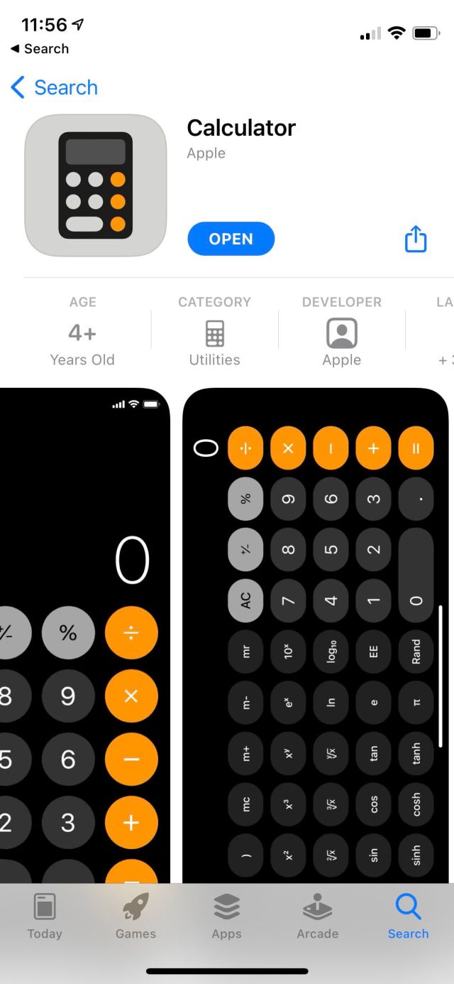 Screenshot of the App Store page for Apple’s Calculator app