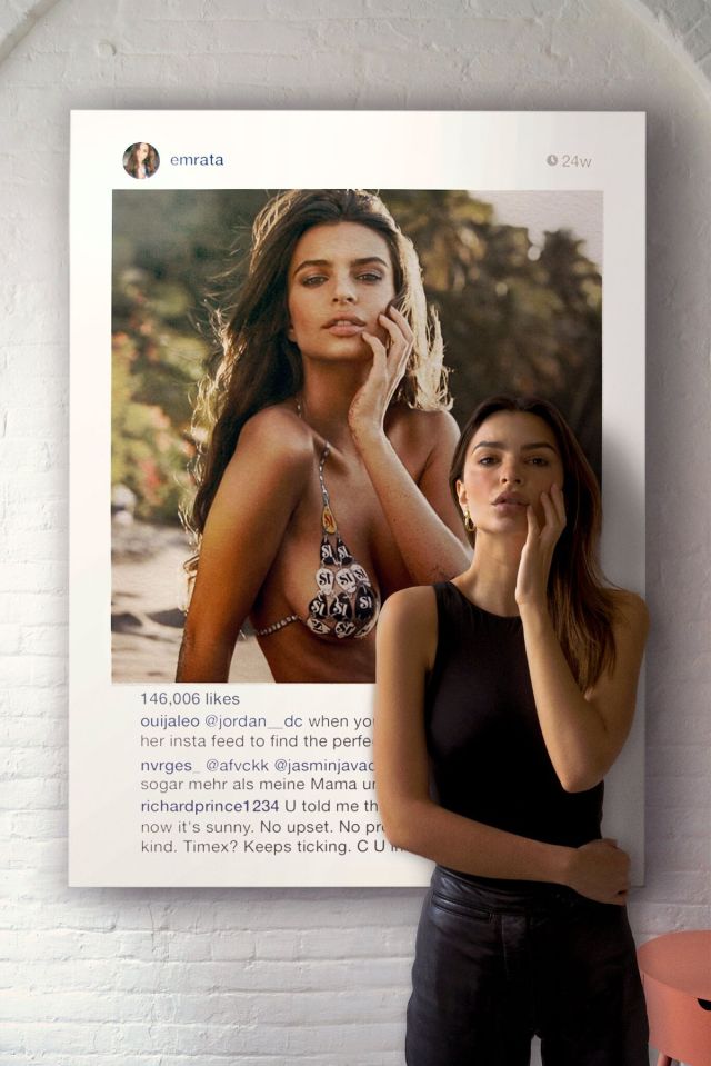 An image of Emily Ratajkowski in front of a painting by Richard Prince, which includes a photo of Ratajkowski.