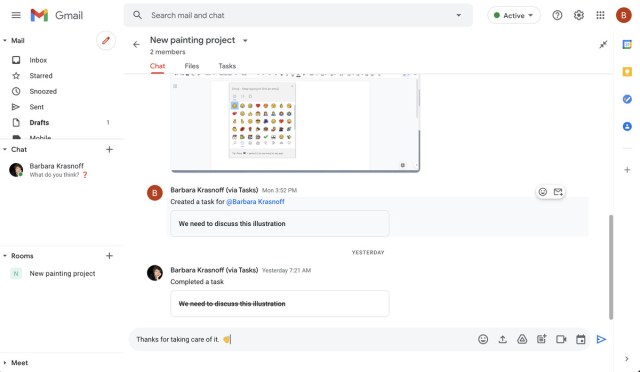 A room can include images, emojis and tasks — but it’s not as temporary as a chat.