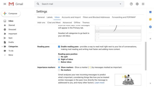 Reading pane settings