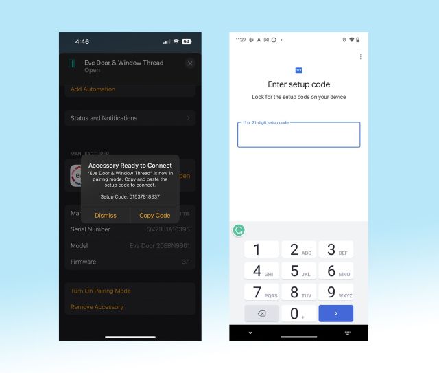 Sharing a Matter device from Apple Home to Google Home requires copying and pasting a numeric code.