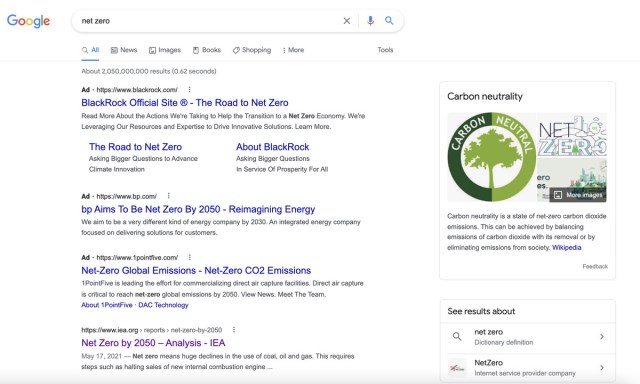 A screenshot taken of Google Search results for “net zero” on Thursday, January 6.
