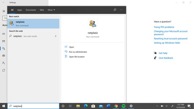Start menu results for “netplwiz”