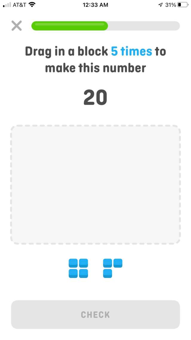 A screenshot of the Duolingo Math interface. Text reads: Drag this block 5 times to make this number: 20.