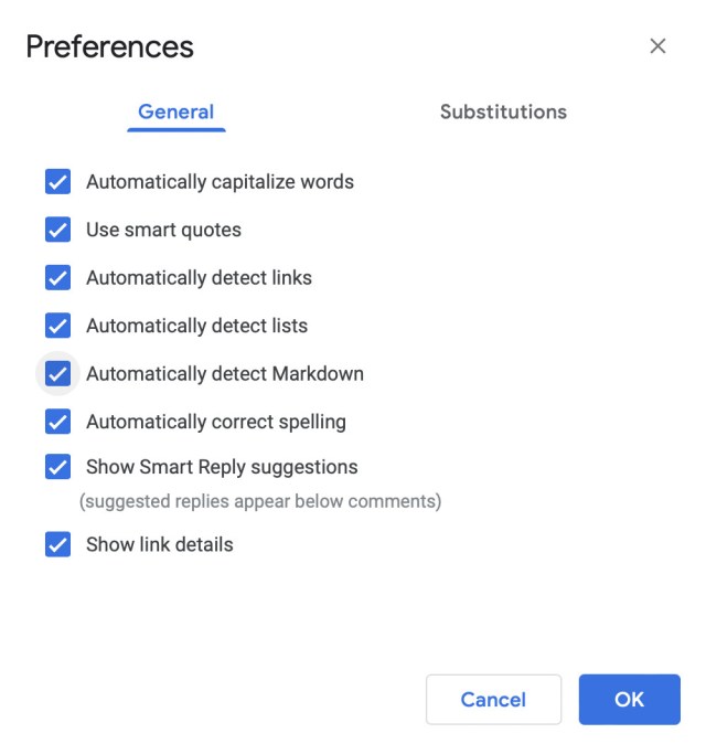 Screenshot of the Google Docs preferences pane, with the “Automatically detect Markdown” option selected.