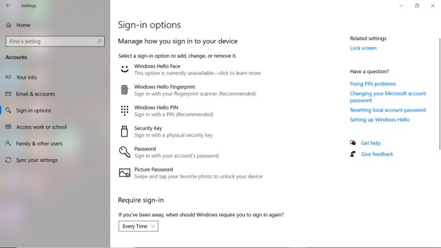 Sign-in options menu