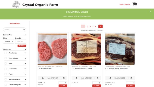 A web store showing pictures of different cuts of meat. A series of filters lets you view vegetables, eggs &amp; dairy, meat, mushrooms, and more.