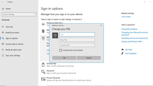 Change your PIN window