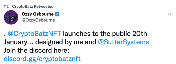 Ozzy Osbourne tweet containing link to a scam Discord