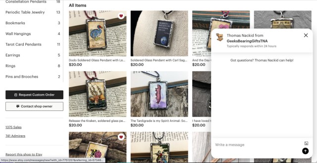 You can contact a favorite seller via their Etsy listing.