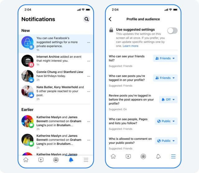 An image showing Facebook’s privacy settings on mobile