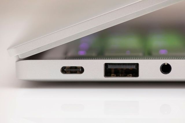 The ports on the left edge of the Razer Book 13’s keyboard deck.