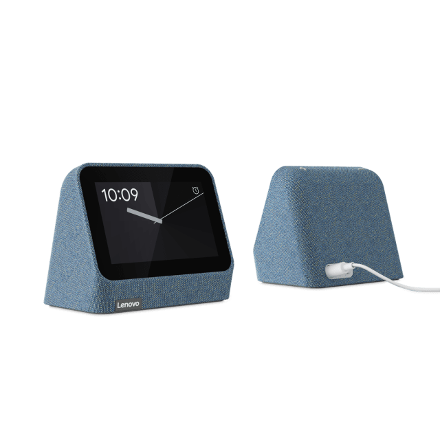 Two Lenovo Smart Clocks, one facing the camera and one facing away from the camera, on a white background. The screen displays the time 10:09.