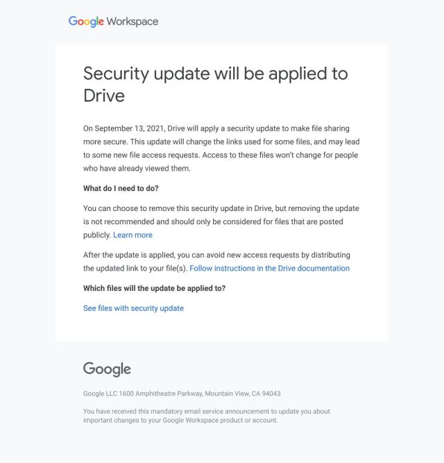 Google Drive security update email