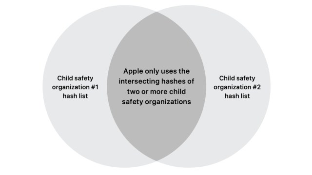 A venn diagram with one circle labeled “Apple Child Safety Organization #1 hash list,” one labeled “Child Safety Organization #2 hash list,” and the overlap labeled “Apple only uses the intersecting hashes of two or more child safety organizations.”