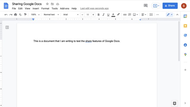 To share a document, start with the big blue Share button in the top right.