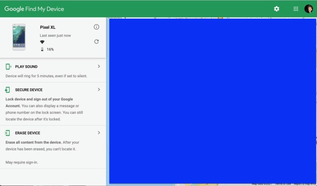 Once you’ve located your phone, you have three options: ping it, lock it, or erase it. (The Google map on the right has been blocked out for privacy.)