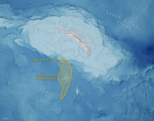 a visual of the a 68 a glacier close to the region of south georgia