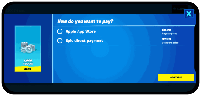 Screenshot of Epic’s “Direct Pay” option on Fortnite for iOS