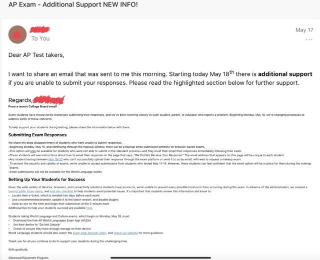 An email to high school students from the College Board with advice for submitting exam responses.