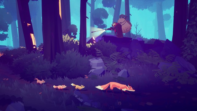 Screenshot from Endling - Extinction is Forever with a family of four foxes in a dense forest sneaking past a heavily armored and gas mask wearing Scavenger human wielding a sniper rifle.