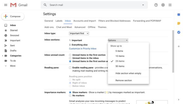 Inbox sections dropdown options