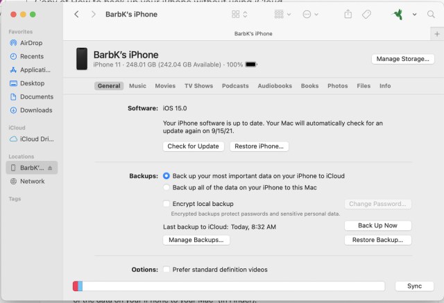 Using Finder to set up a computer to back up your iPhone.