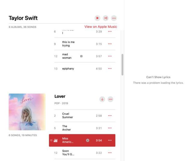 Apple Music lyrics failing to load for Taylor Swift’s album ‘Lover’