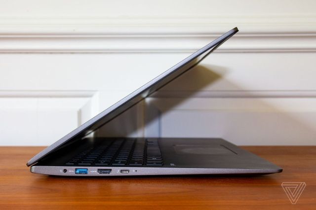 The LG Gram 17 on a table, half open.