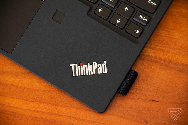 The ThinkPad logo on the bottom right corner of the ThinkPad X12 Detachable keyboard deck.