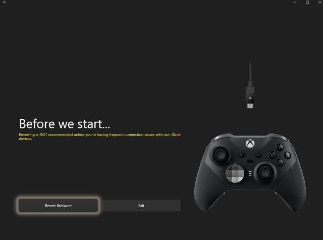 Xbox Accessories app Revert Firmware confirmation screen