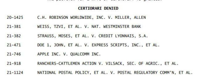 CERTIORARI DENIED&nbsp;&nbsp;21-746 APPLE INC. V. QUALCOMM INC.&nbsp;