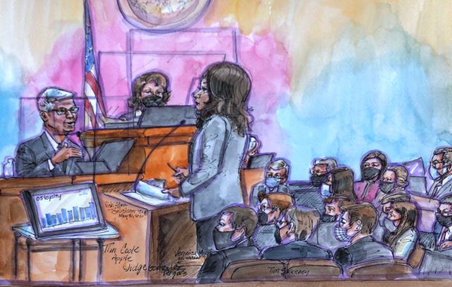 A wider view of Tim Cook’s testimony, including legal representatives from both sides at the edges of the frame.