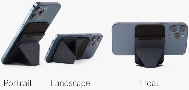 An image of a phone attached to the case in landscape, portrait, and float mode. Float mode involves the case sitting vertically with the phone being held horizontally.
