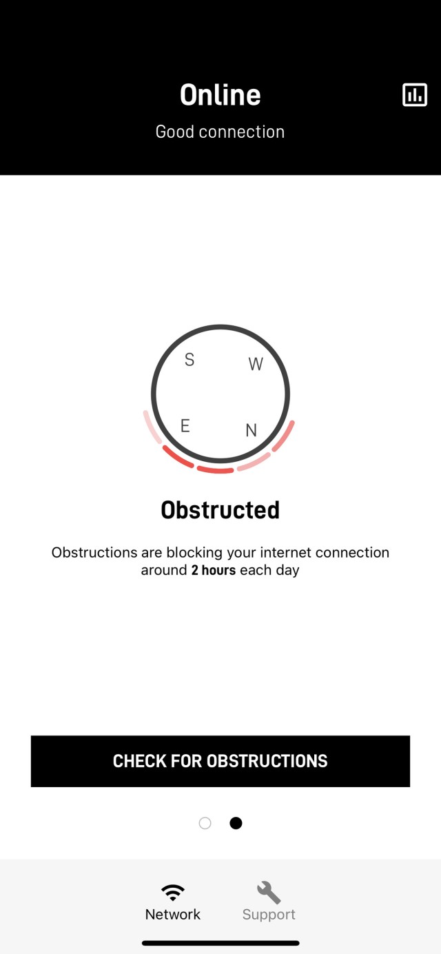 Starlink app showing obstructions blocking the dish’s view of the satellites
