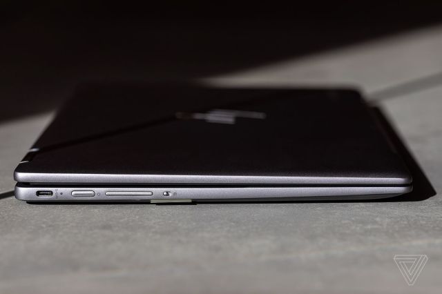 The HP Chromebook x360 14c closed seen from the left side.