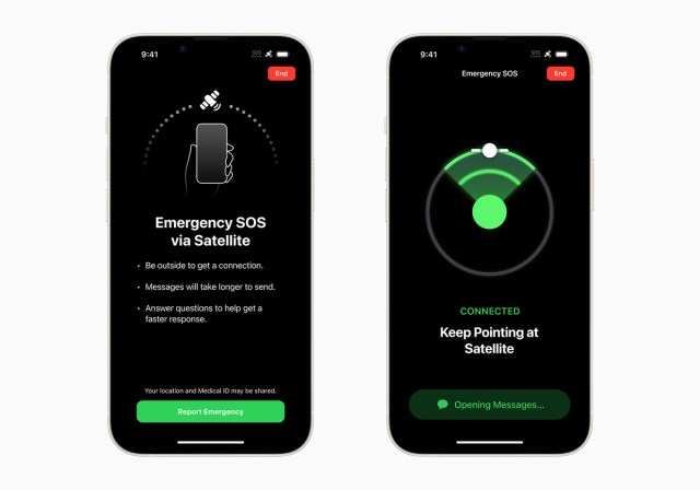 Two screenshots of Apple’s Emergency SOS via satellite feature, one of which explains the feature and another that shows the phone trying to locate a satellite.