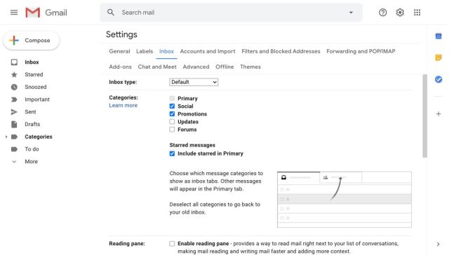 Default inbox type categories