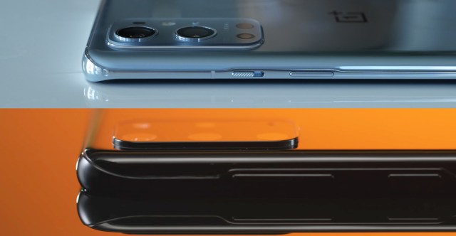 Top: OnePlus 9 Pro; bottom: Galaxy S20 Plus. Both phones have similarly curved glass and molded aluminum rails.
