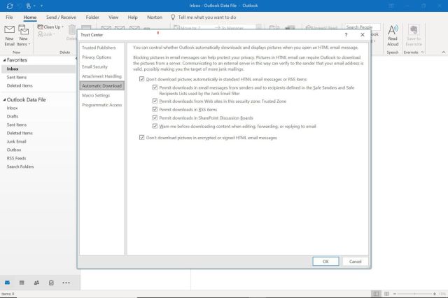 Disable image autoloading in Microsoft Outlook 