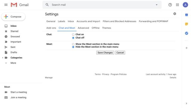 Chat and Meet options in Gmail settings
