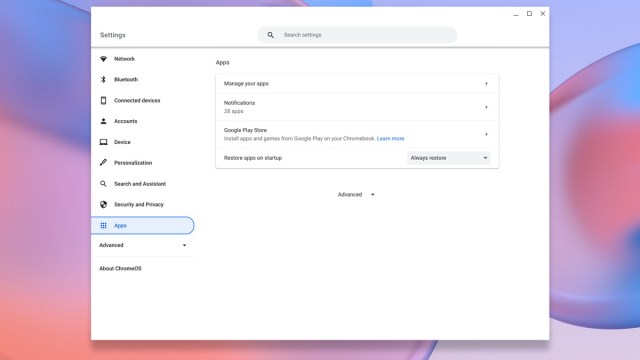 Apps page in Settings menu
