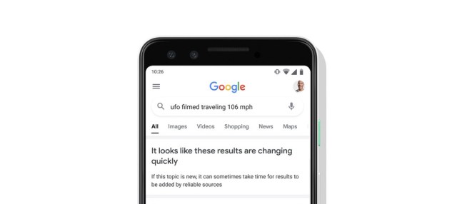 A Google search result for “ufo filmed traveling 106 mph” with the warning label.