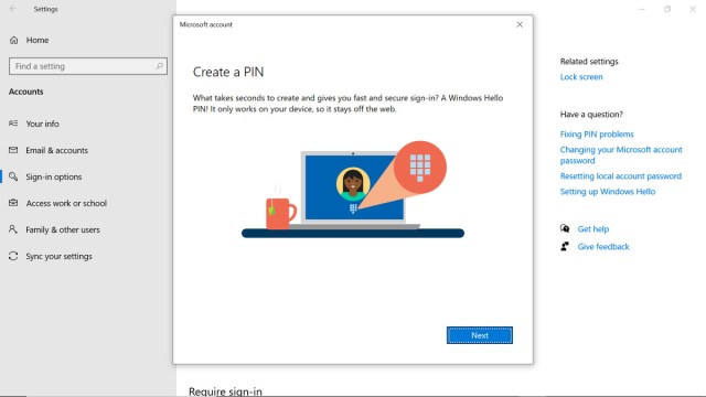 “Create a PIN” window