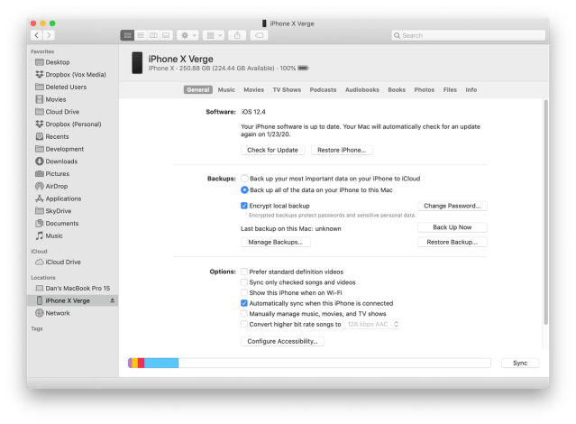 Using Finder to change your backup from iCloud to local.