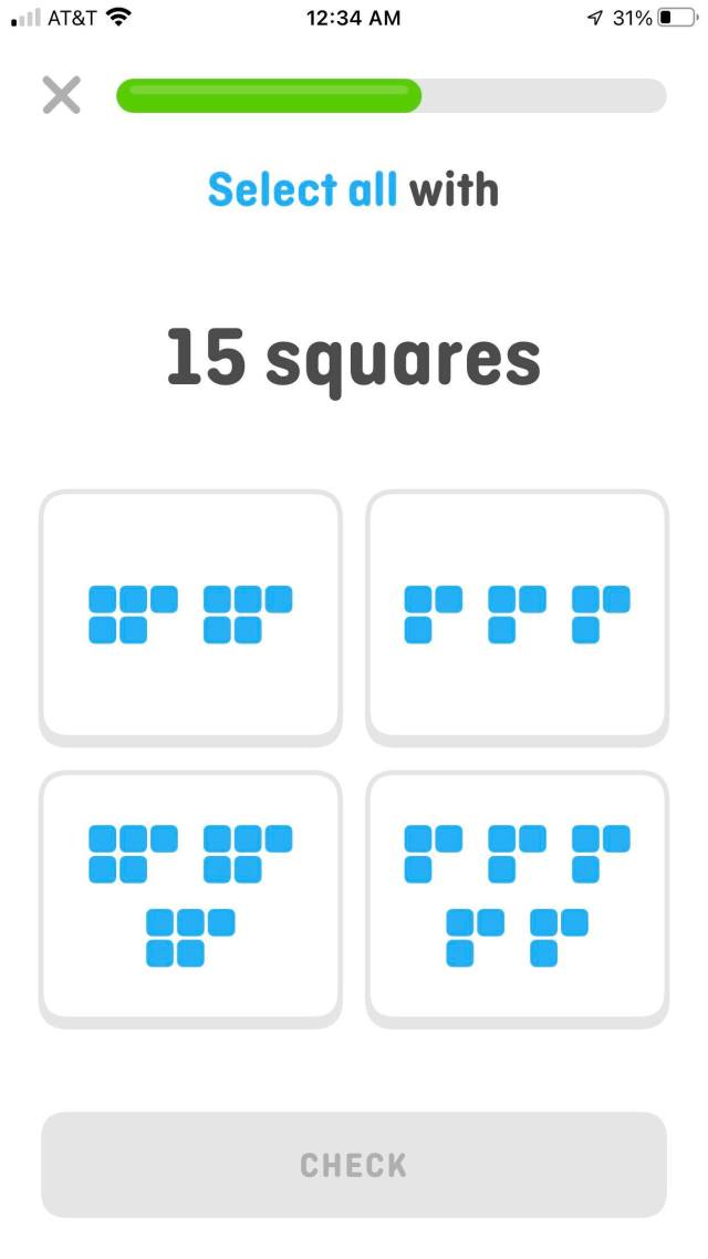 A screenshot of an exercise in Duolingo Math. Text reads: Select all with 15 squares.