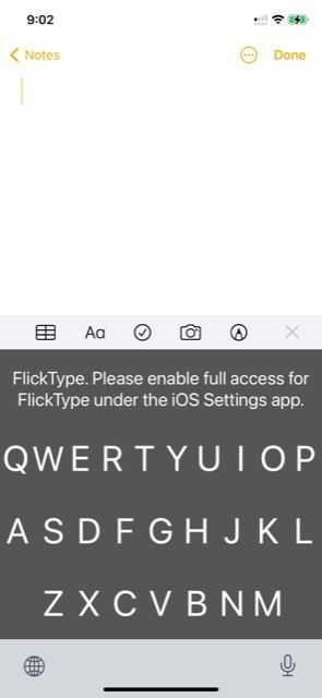 The screenshot says “please enable full access for FlickType under the iOS Settings app.”