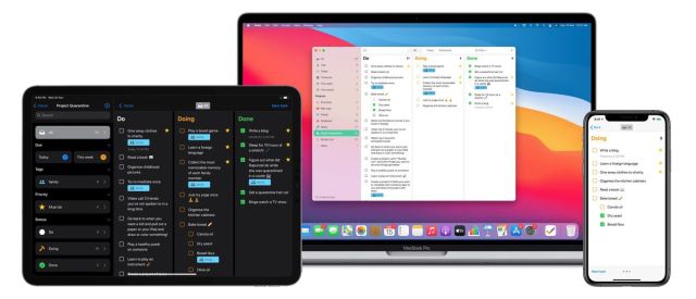 The Tasks app on Mac and iPad shows a navigation bar and three columns of to-dos reading “Do,” “Doing,” and “Done.” The iPhone version only shows a single column at a time.