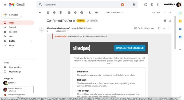 An email sent through DuckDuckGo will include an accounting of the trackers that were removed.